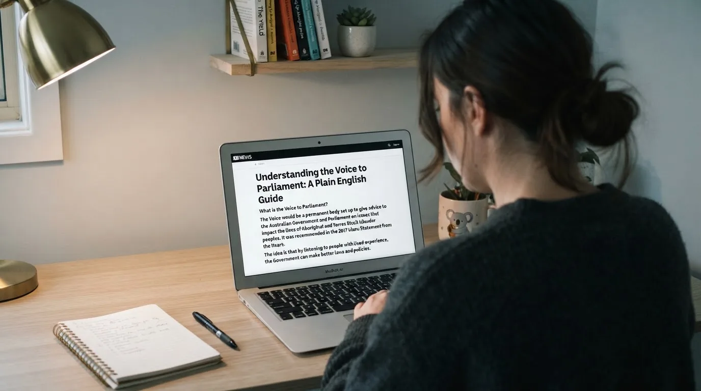 A person at a laptop reading a plain-language explainer article at a home desk.