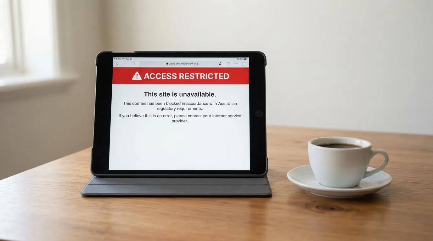 A tablet screen displaying an official regulator warning notice on a desk beside a coffee cup.