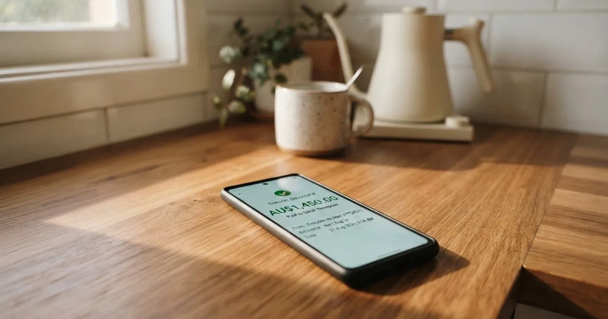 A close-up of a banking app on a smartphone showing a same-day transfer confirmation on a kitchen table.