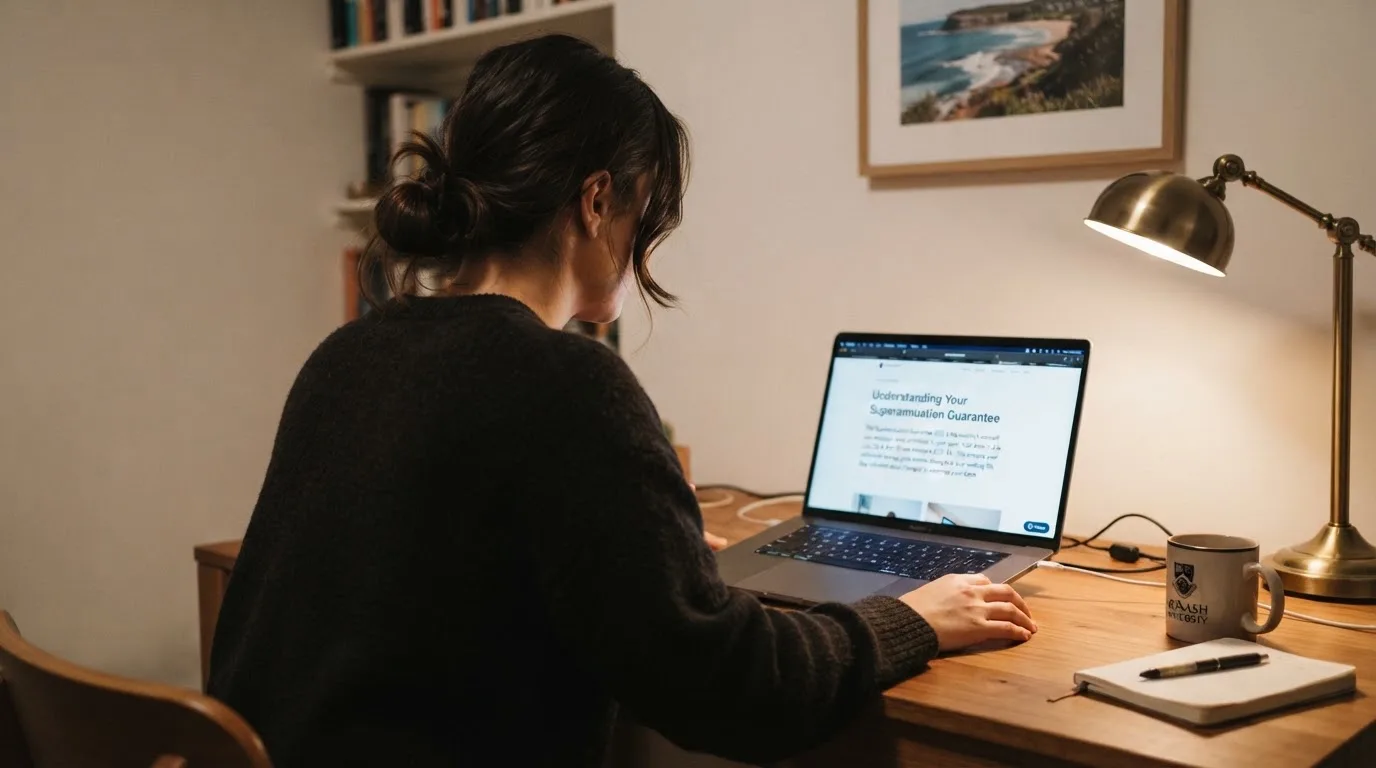 A person at a laptop reading a plain-language explainer article at a home desk.