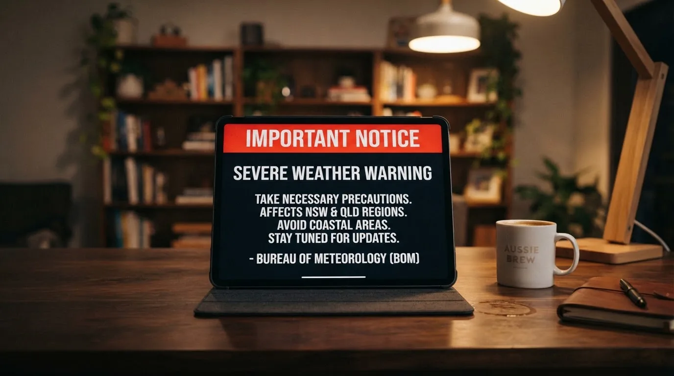 A tablet screen displaying an official regulator warning notice on a desk beside a coffee cup.