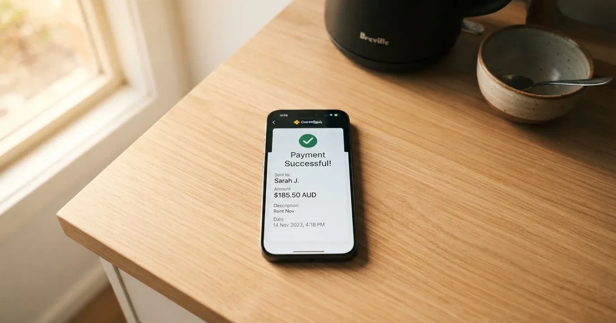A close-up of a banking app on a smartphone showing a same-day transfer confirmation on a kitchen table.
