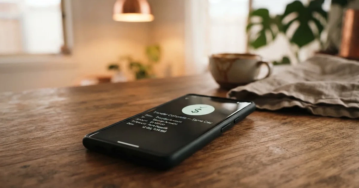 A close-up of a banking app on a smartphone showing a same-day transfer confirmation on a kitchen table.