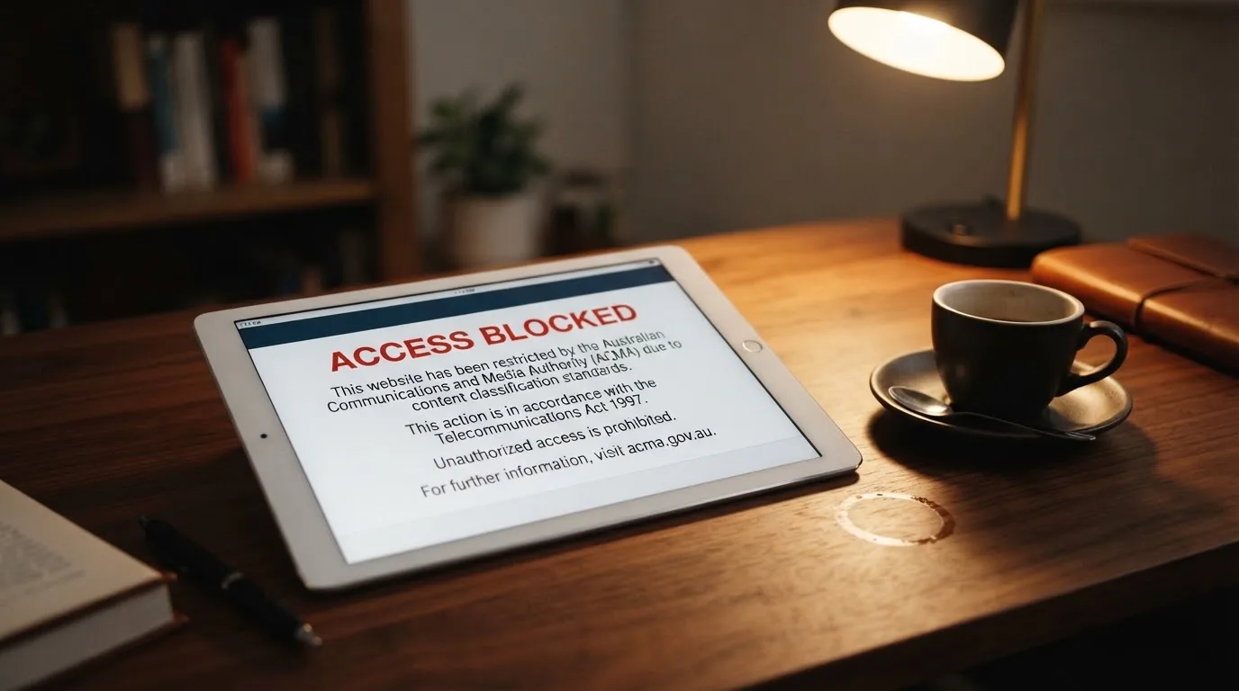 A tablet screen displaying an official regulator warning notice on a desk beside a coffee cup.