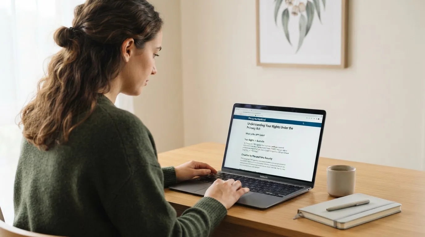 A person at a laptop reading a plain-language explainer article at a home desk.