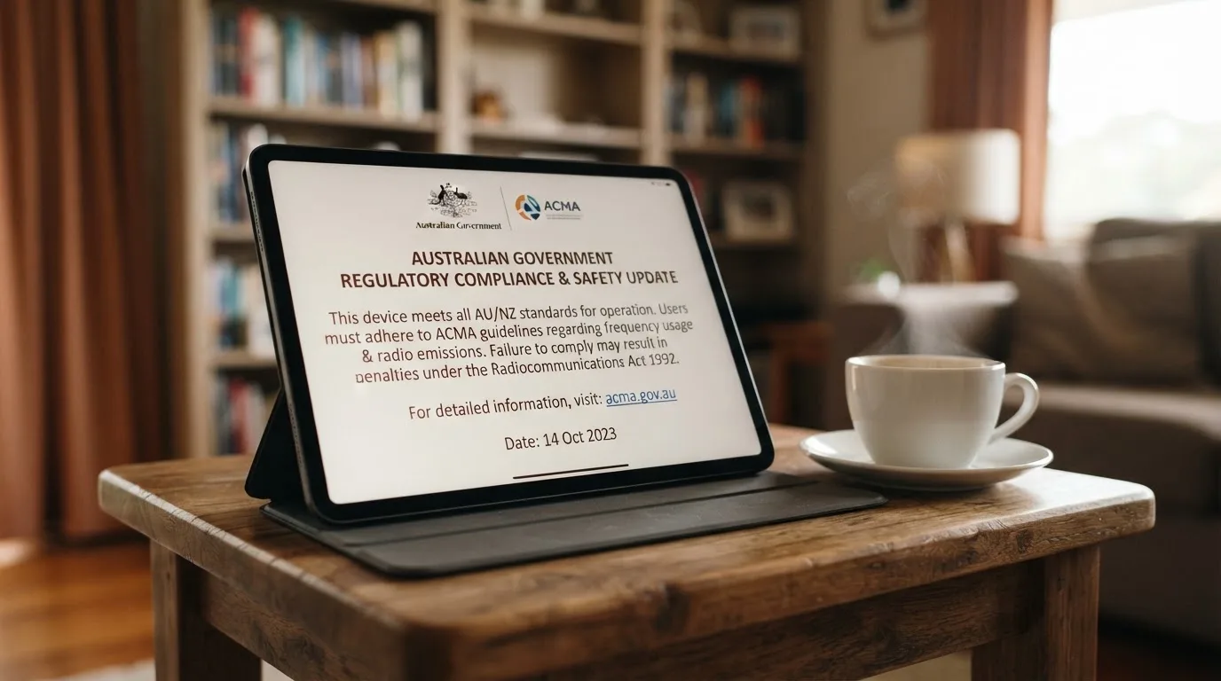 A tablet screen displaying an official regulator warning notice on a desk beside a coffee cup.