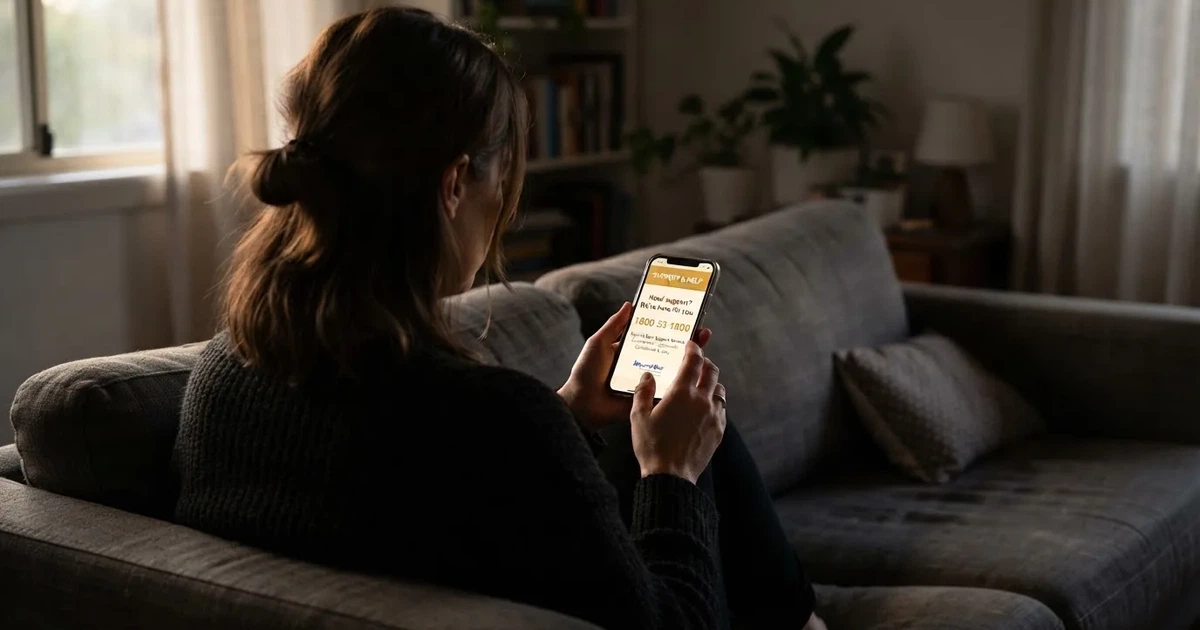 A person looking at a support helpline page on a phone while sitting on a couch.