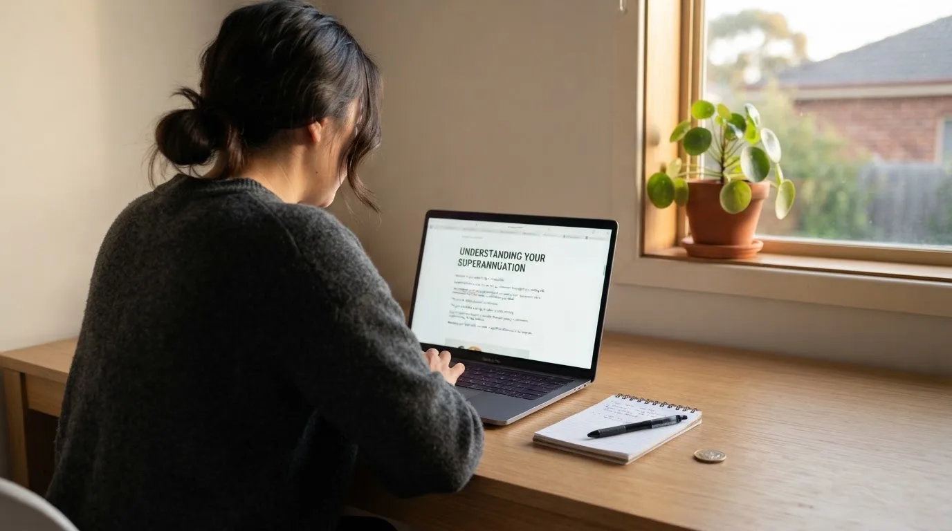 A person at a laptop reading a plain-language explainer article at a home desk.