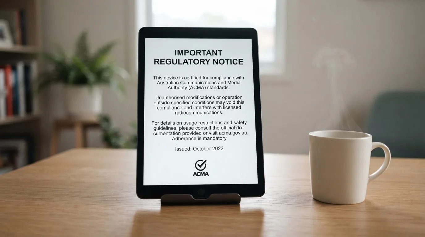 A tablet screen displaying an official regulator warning notice on a desk beside a coffee cup.
