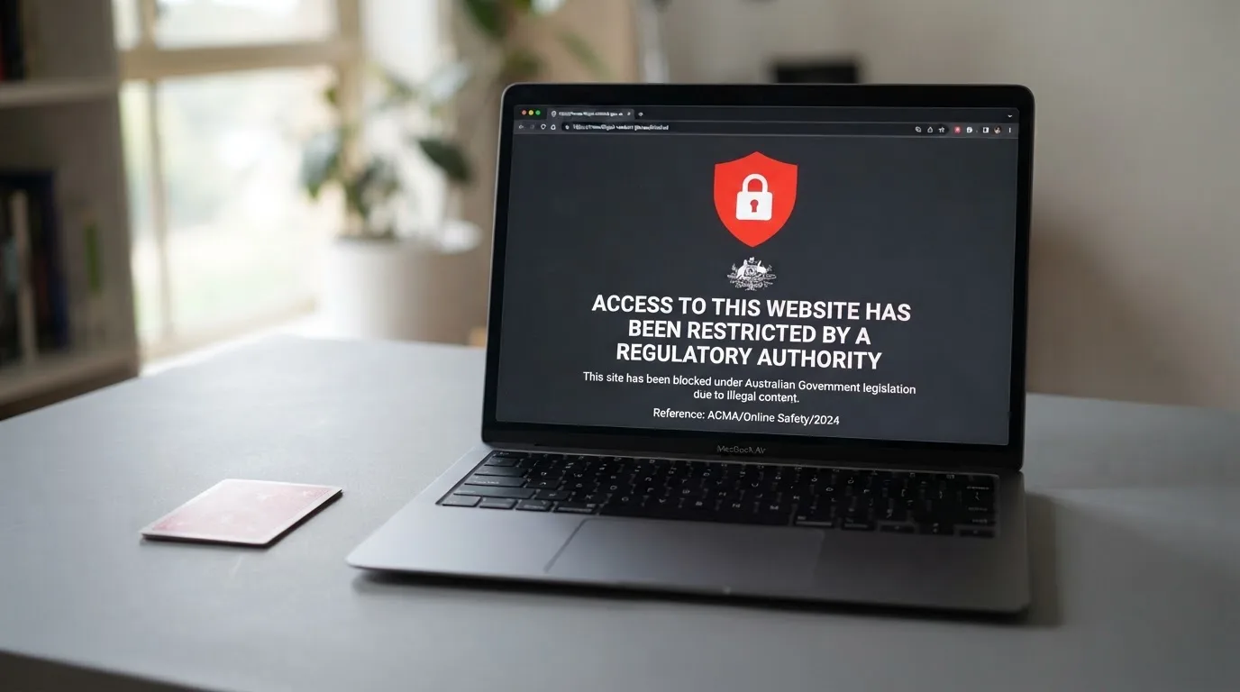 A printed government warning notice on a desk beside a laptop with a red alert icon on the screen.