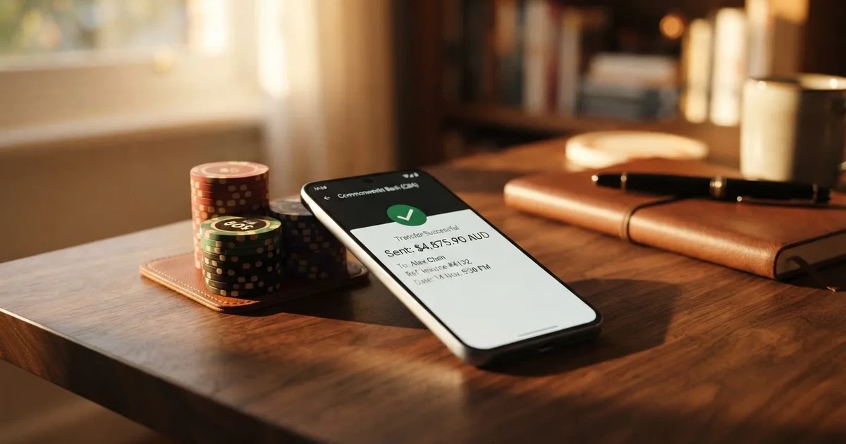 A phone displaying a bank transfer confirmation screen next to a stack of Australian dollar notes.
