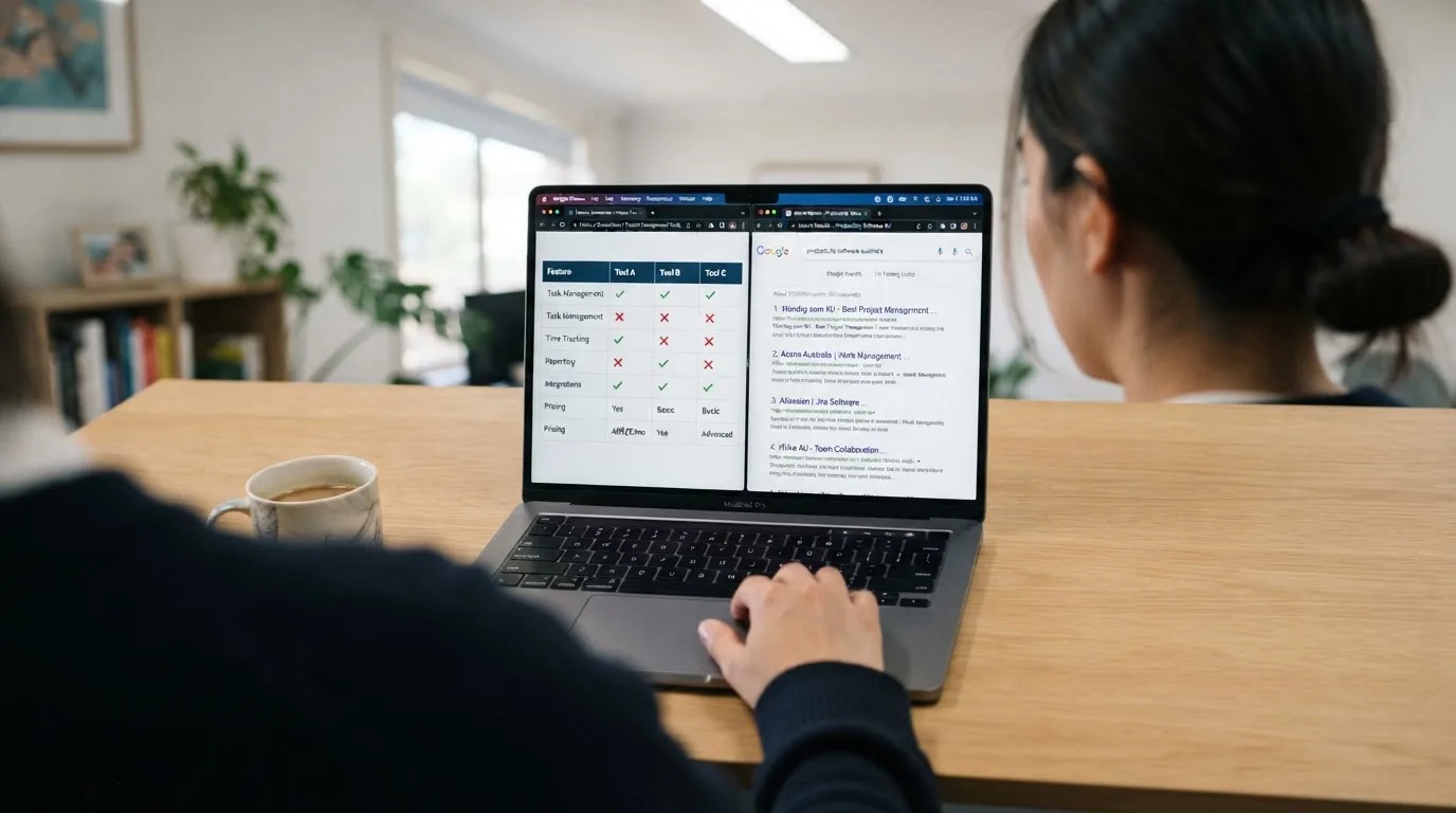 A laptop screen split between two browser tabs, one showing a comparison table and the other a search results page.