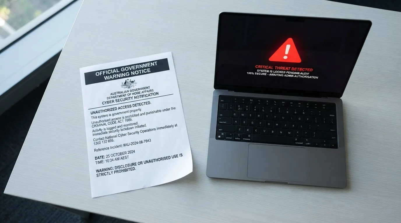 A printed government warning notice on a desk beside a laptop with a red alert icon on the screen.