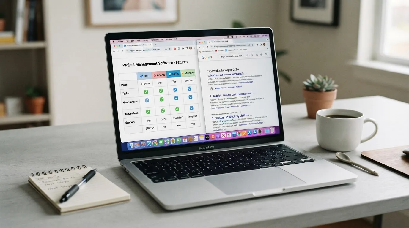 A laptop screen split between two browser tabs, one showing a comparison table and the other a search results page.