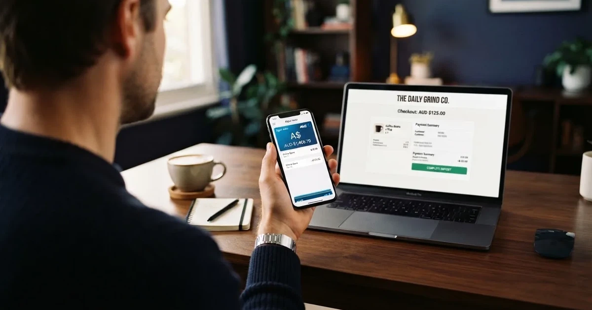A smartphone screen showing a digital wallet balance next to a laptop cashier page.