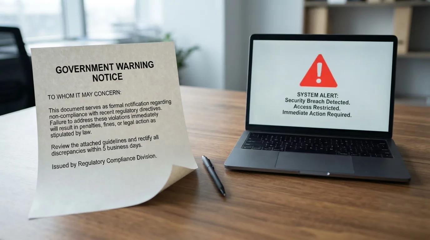A printed government warning notice on a desk beside a laptop with a red alert icon on the screen.