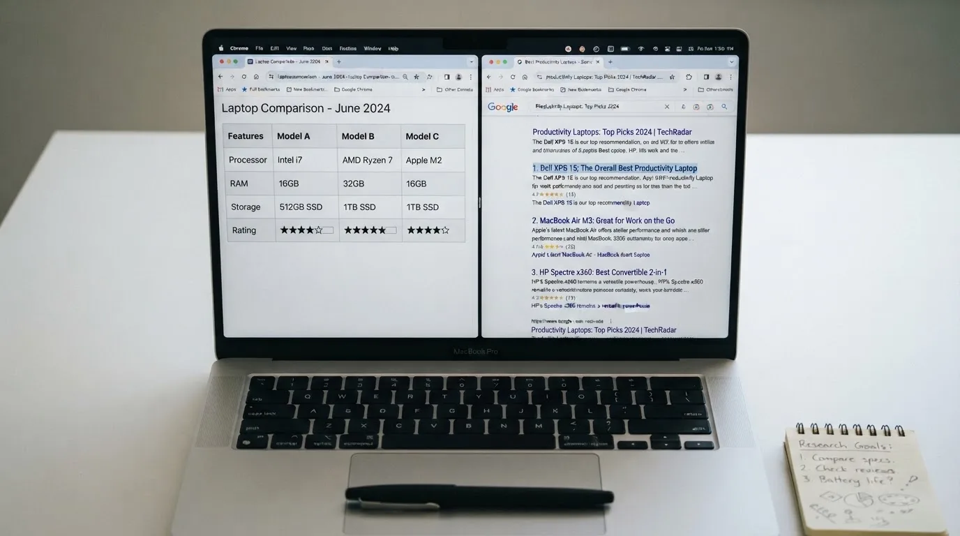 A laptop screen split between two browser tabs, one showing a comparison table and the other a search results page.