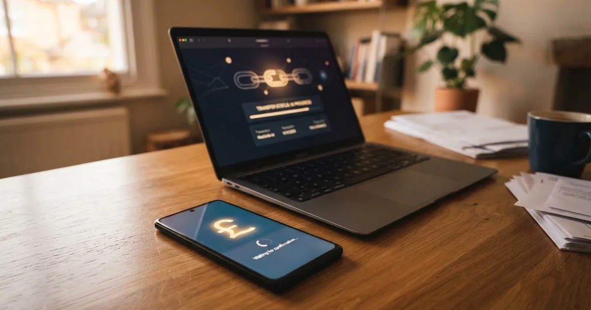 A phone displaying a blockchain transaction confirmation screen next to a laptop keyboard.