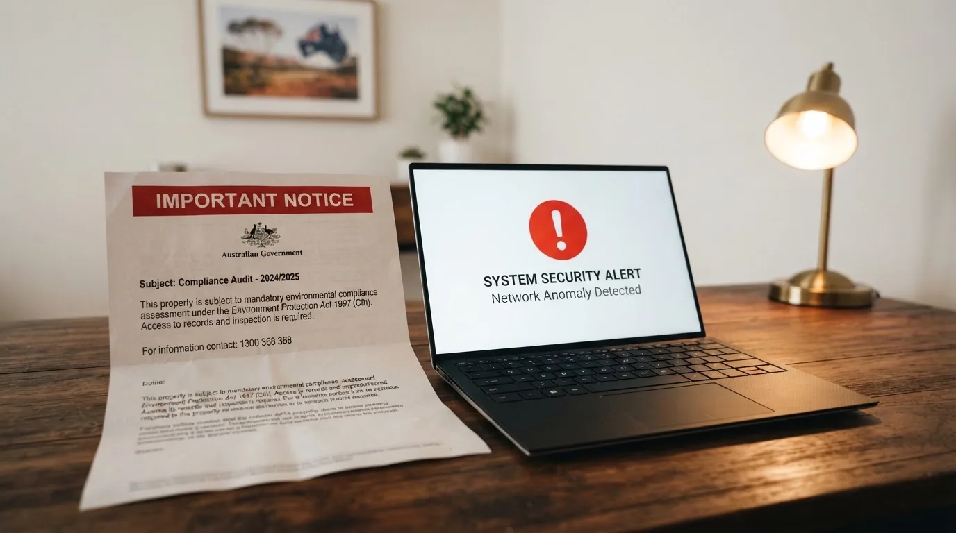 A printed government warning notice on a desk beside a laptop with a red alert icon on the screen.