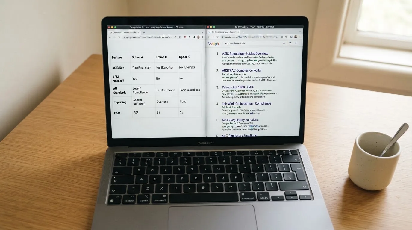 A laptop screen split between two browser tabs, one showing a comparison table and the other a search results page.