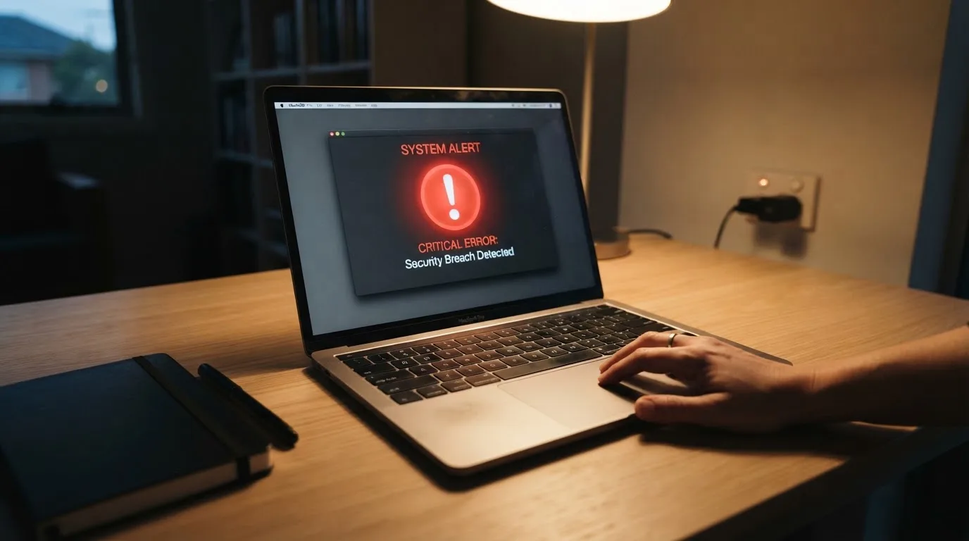 A printed government warning notice on a desk beside a laptop with a red alert icon on the screen.