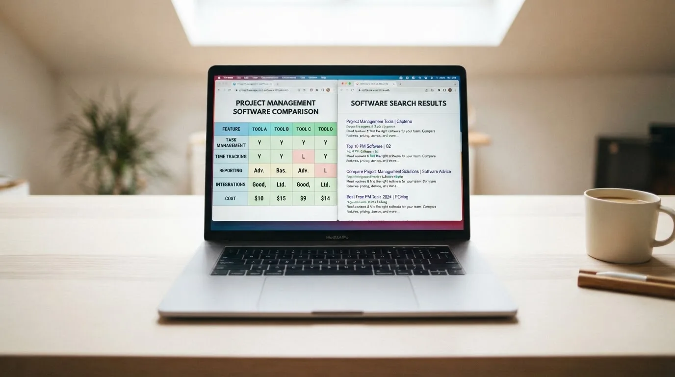 A laptop screen split between two browser tabs, one showing a comparison table and the other a search results page.