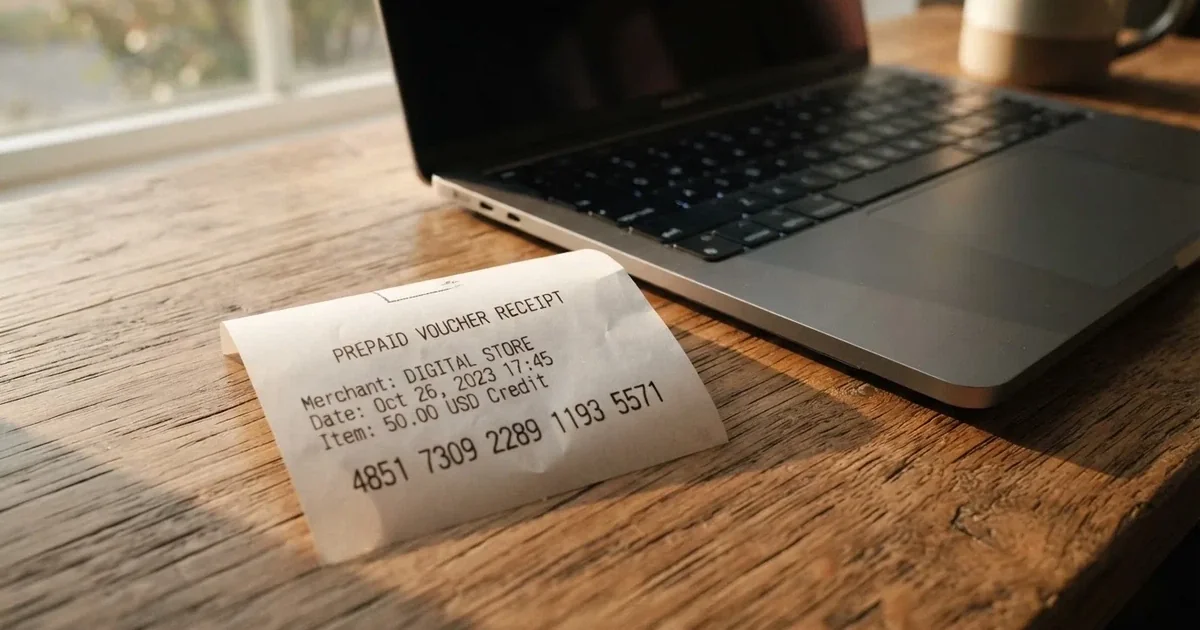 A printed prepaid voucher receipt lying beside a laptop keyboard.