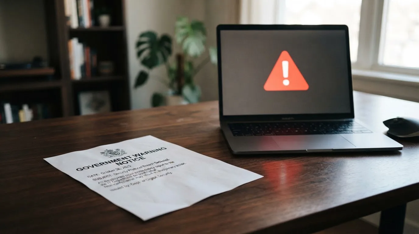 A printed government warning notice on a desk beside a laptop with a red alert icon on the screen.