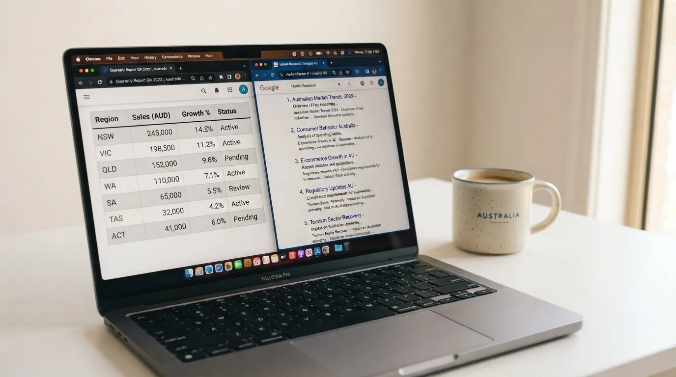 A laptop screen split between two browser tabs, one showing a comparison table and the other a search results page.