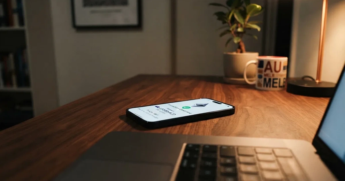 A phone displaying a blockchain transaction confirmation screen next to a laptop keyboard.