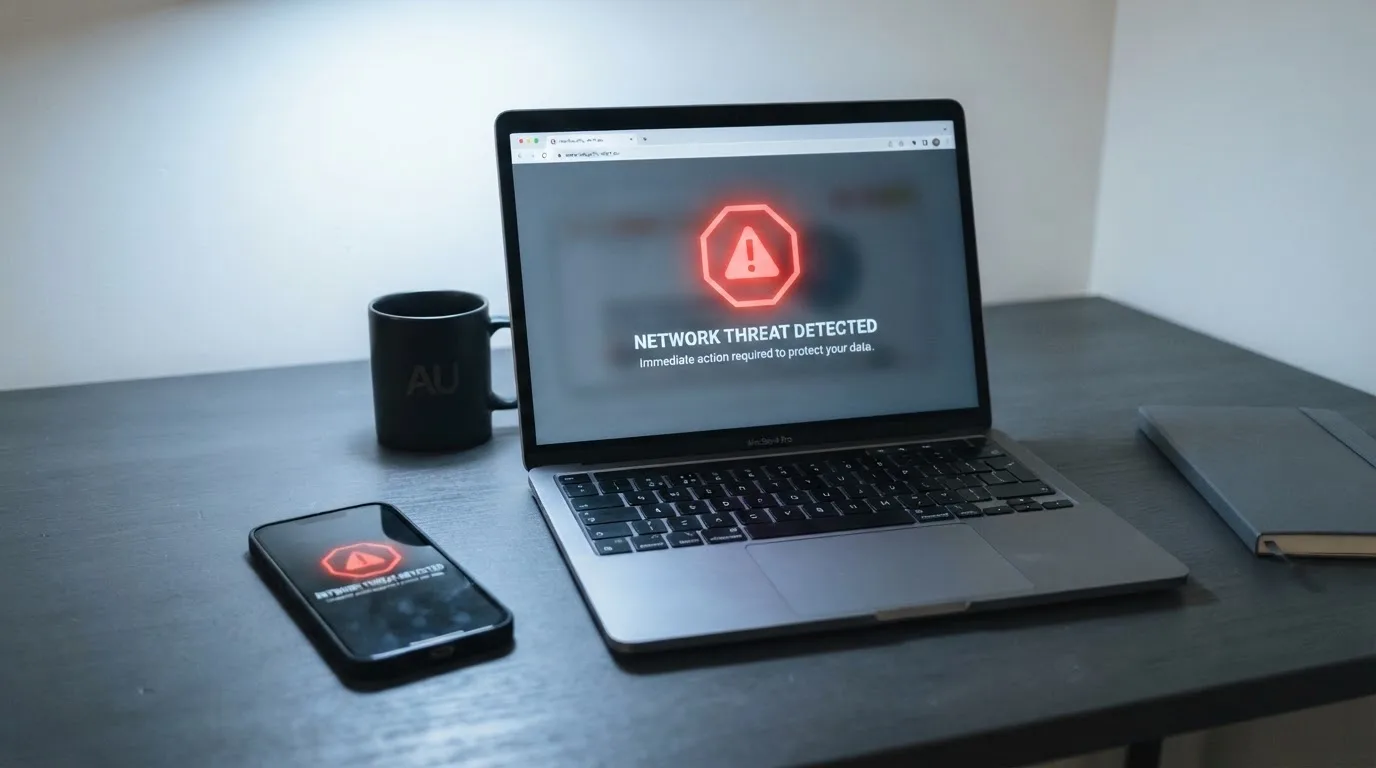 A printed government warning notice on a desk beside a laptop with a red alert icon on the screen.
