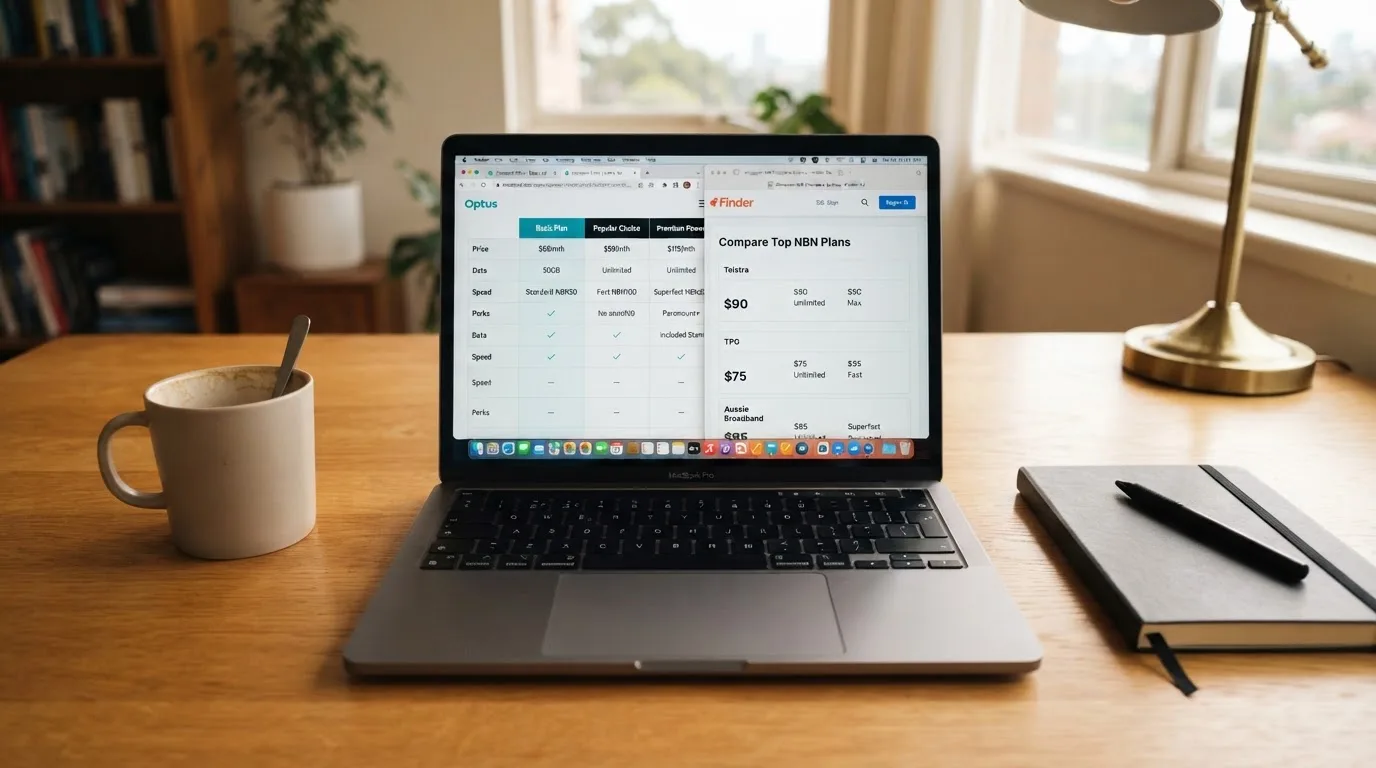 A laptop screen split between two browser tabs, one showing a comparison table and the other a search results page.