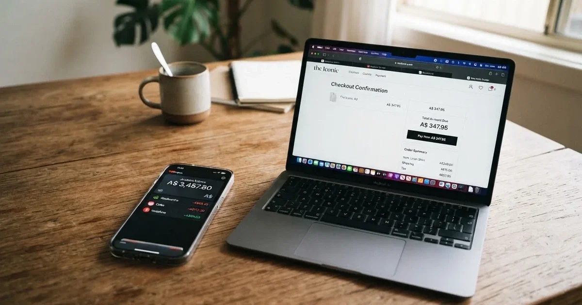 A smartphone screen showing a digital wallet balance next to a laptop cashier page.