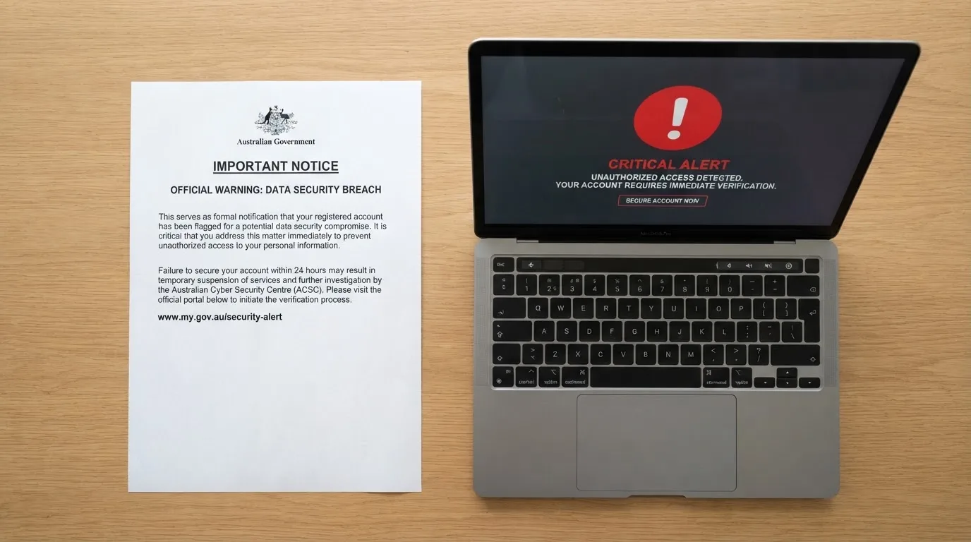 A printed government warning notice on a desk beside a laptop with a red alert icon on the screen.
