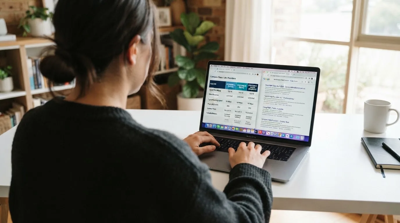 A laptop screen split between two browser tabs, one showing a comparison table and the other a search results page.