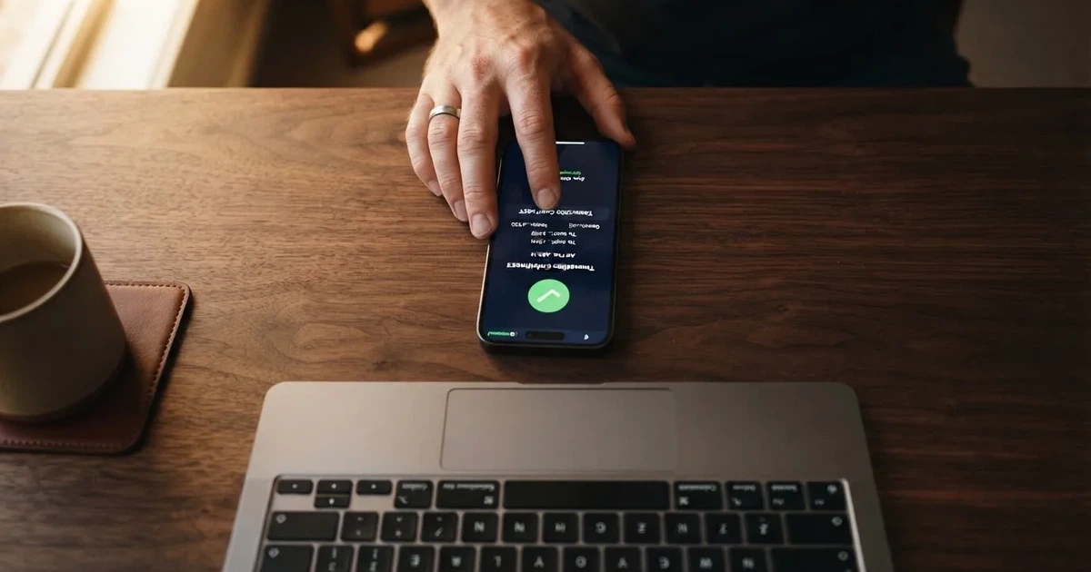 A phone displaying a blockchain transaction confirmation screen next to a laptop keyboard.