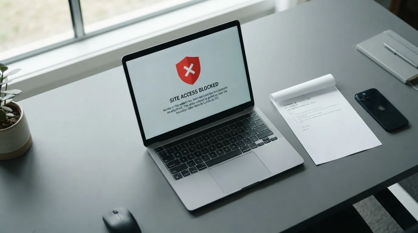 A printed government warning notice on a desk beside a laptop with a red alert icon on the screen.