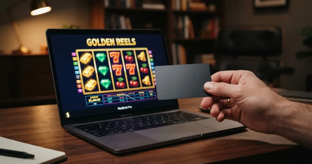 A hand holding a bank card next to a laptop showing an online payment form.
