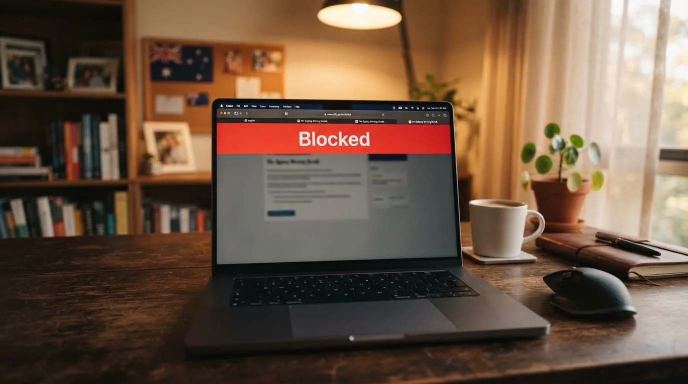 A printed government warning notice on a desk beside a laptop with a red alert icon on the screen.