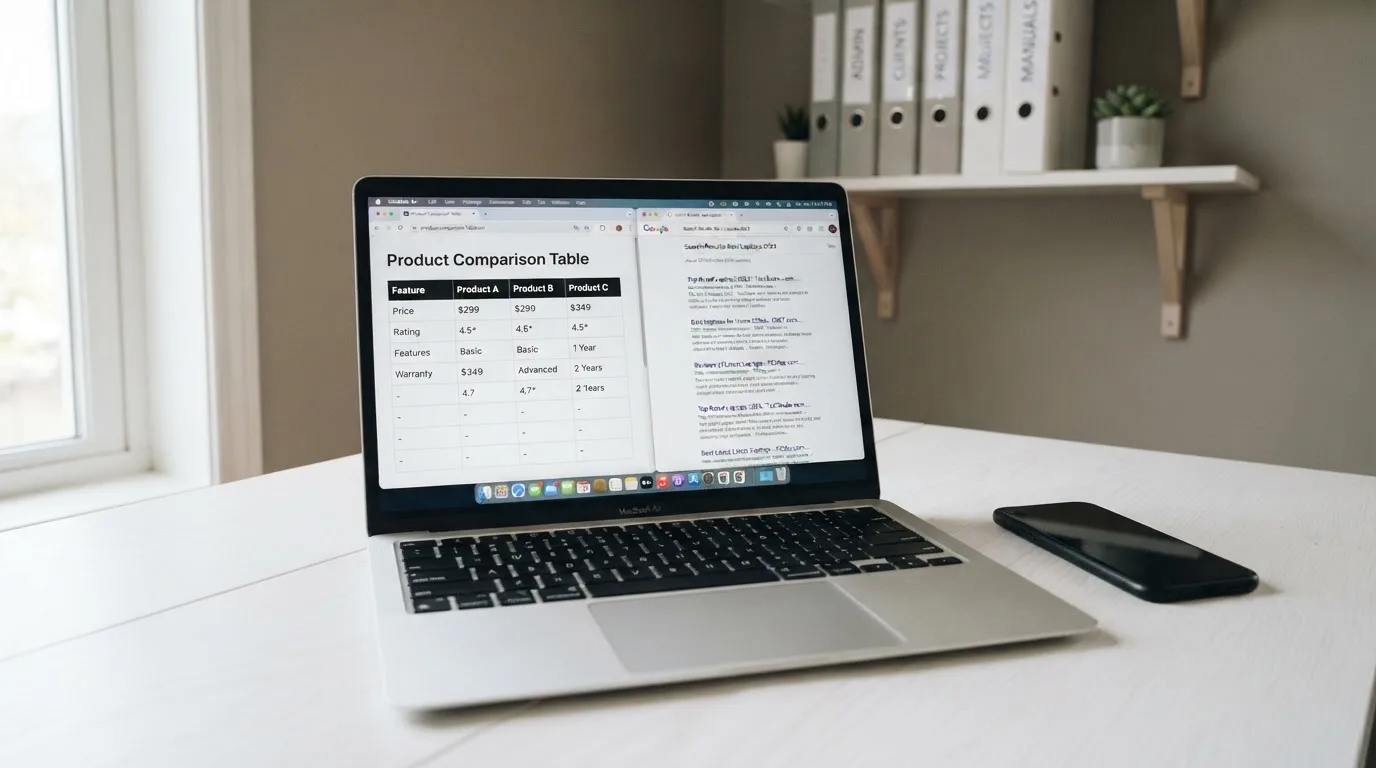 A laptop screen split between two browser tabs, one showing a comparison table and the other a search results page.