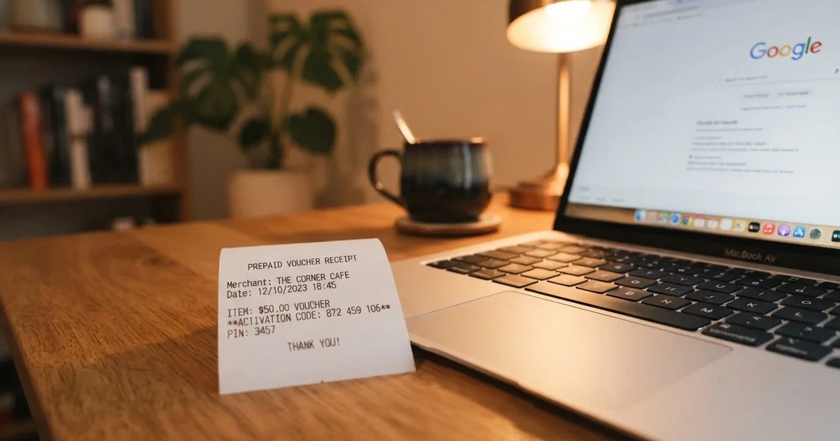 A printed prepaid voucher receipt lying beside a laptop keyboard.