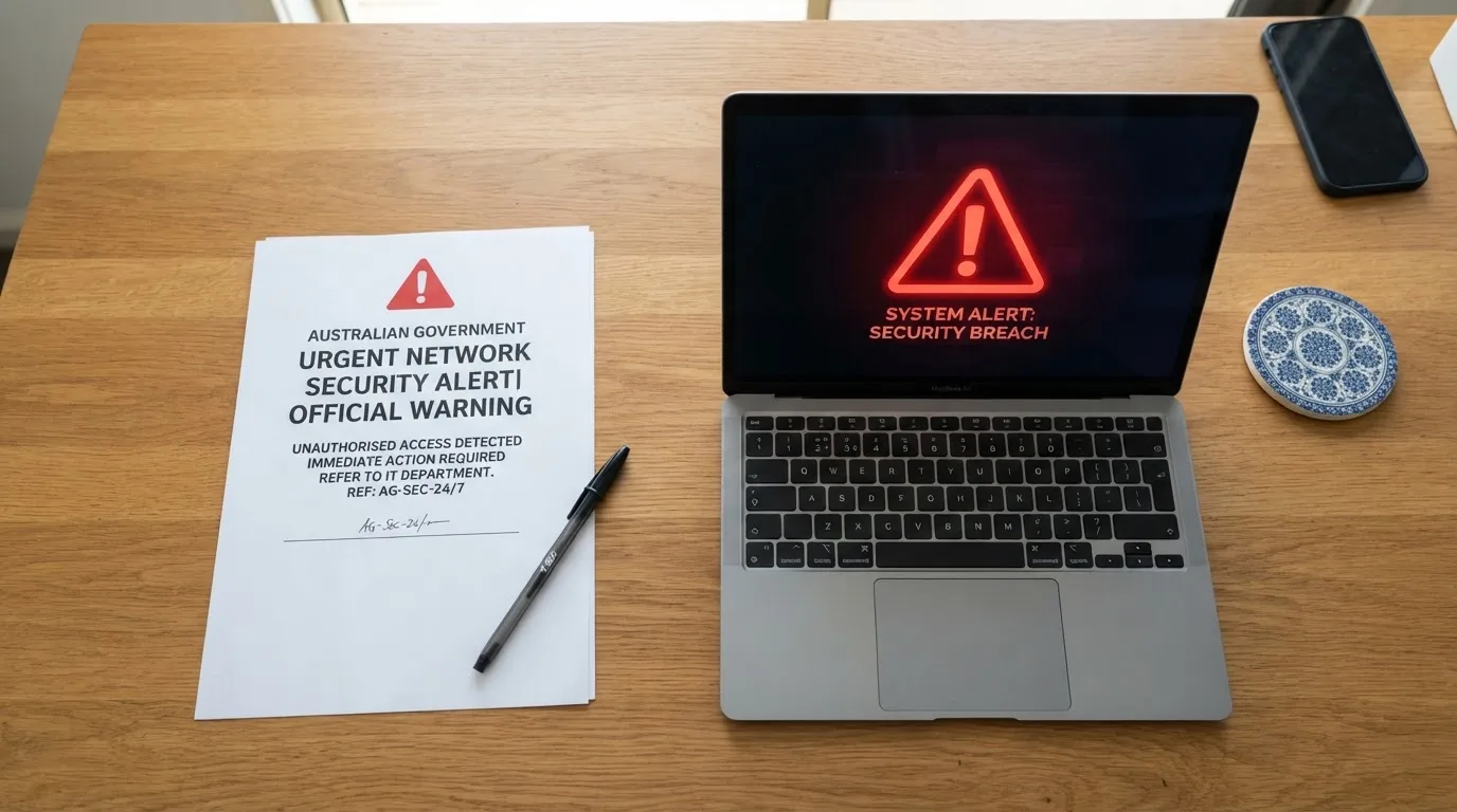 A printed government warning notice on a desk beside a laptop with a red alert icon on the screen.