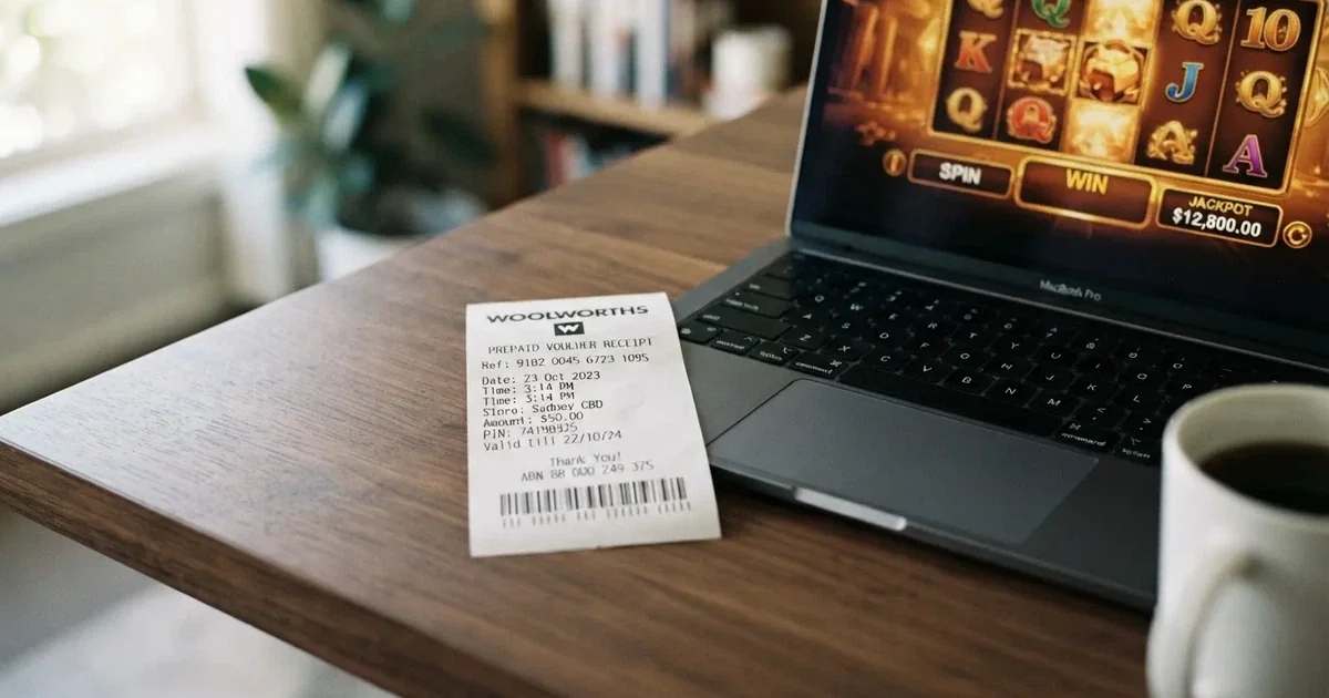 A printed prepaid voucher receipt lying beside a laptop keyboard.