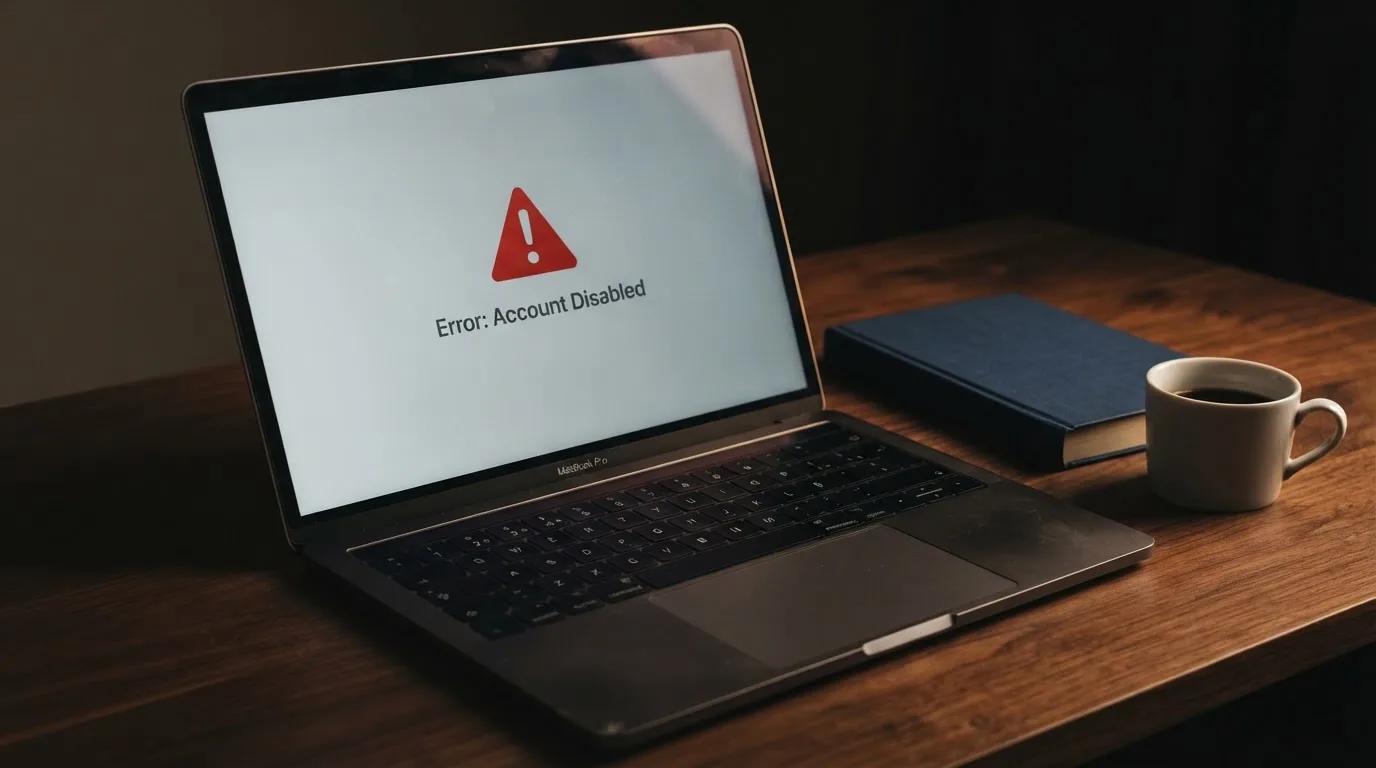 A printed government warning notice on a desk beside a laptop with a red alert icon on the screen.