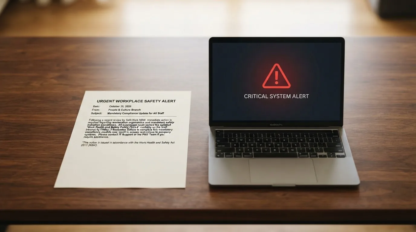 A printed government warning notice on a desk beside a laptop with a red alert icon on the screen.