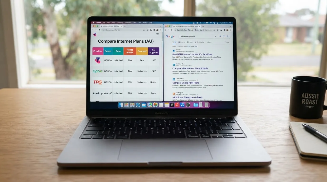 A laptop screen split between two browser tabs, one showing a comparison table and the other a search results page.