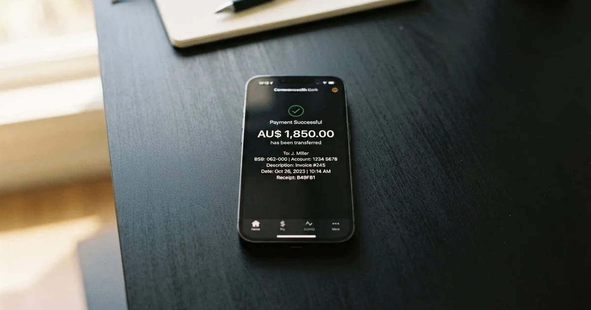 A phone displaying a bank transfer confirmation screen next to a stack of Australian dollar notes.