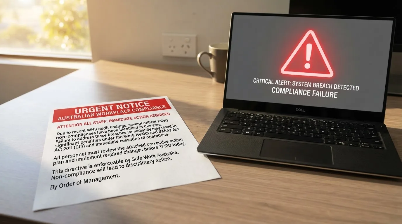 A printed government warning notice on a desk beside a laptop with a red alert icon on the screen.