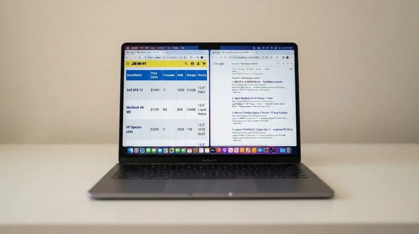 A laptop screen split between two browser tabs, one showing a comparison table and the other a search results page.