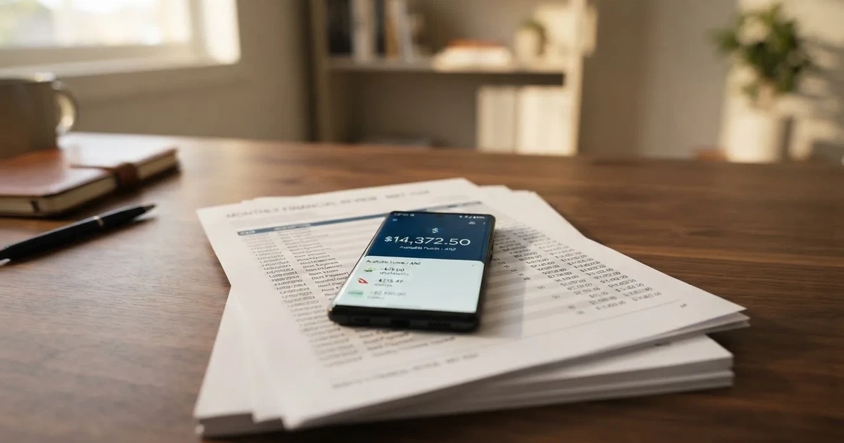 A phone showing a digital wallet balance screen resting on a stack of paperwork.